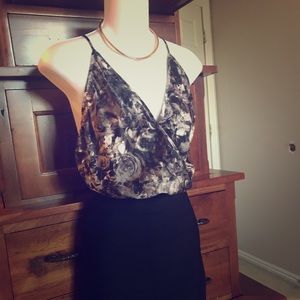 Black and white silk rose print bodysuit